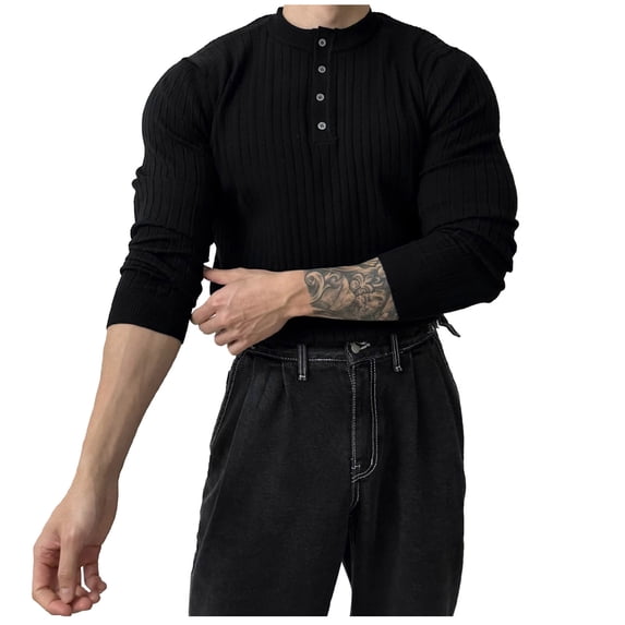 JAJAHO Mens Henley Long Sleeve Shirts Slim Fit Ribbed Basic Tee Solid Color Base Layer Undershirts Spring Fall Trendy Tops