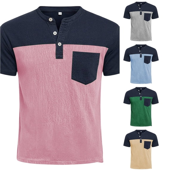 JAJAHO Mens Henley Shirts Short Sleeve T Shirt Casual Summer Color Block Graphic Tees With Pocket Soft Tops