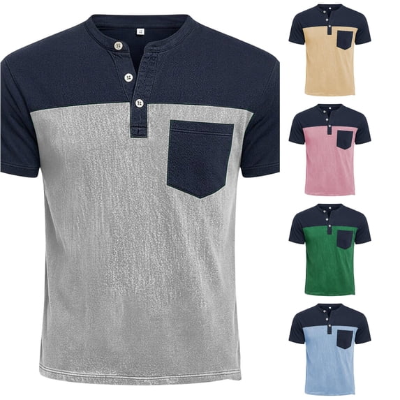 JAJAHO Mens Henley Shirts Short Sleeve T Shirt Casual Summer Color Block Graphic Tees With Pocket Trendy Tops