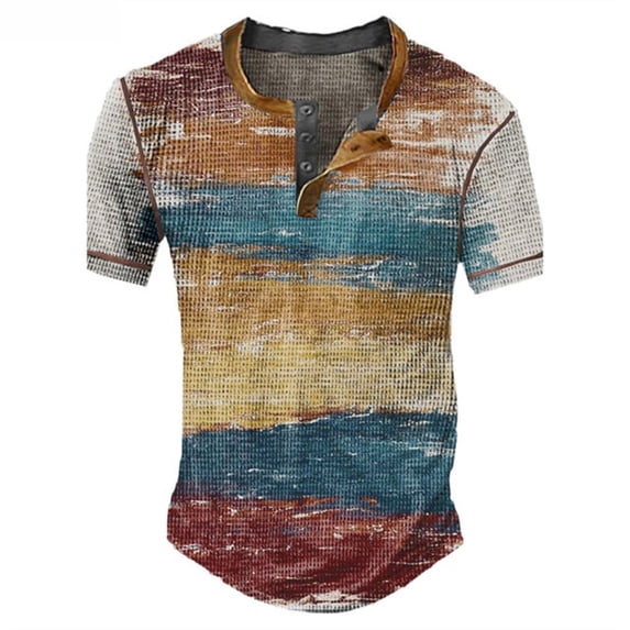 JAJAHO Mens Henley Shirts Short Sleeve Waffle T Shirt Patchwork Loose Fit Casual Fashion Crew Neck Graphic Tee Summer Leisure Tops