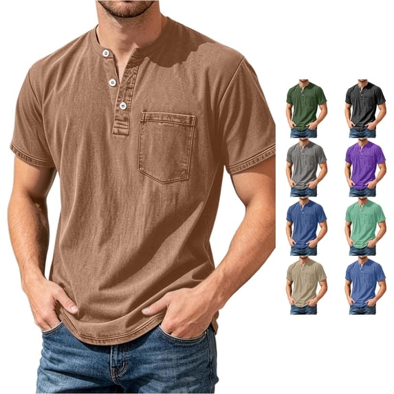 JAJAHO Mens Henley T Shirt Casual Pocket Tee Summer Short Sleeve Solid Color Loose Fit Tshirts Soft Tops