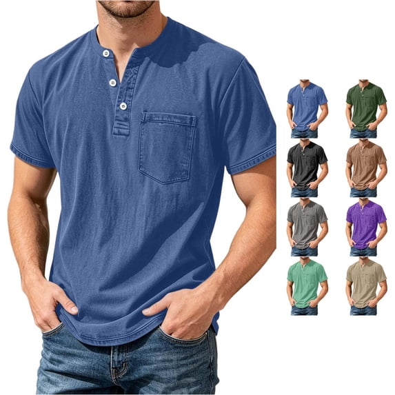 JAJAHO Mens Henley T Shirt Casual Pocket Tee Summer Short Sleeve Solid Color Loose Fit Tshirts Trendy Tops