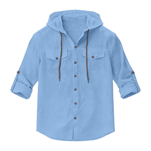 JAJAHO Mens Hooded T Shirt Long Sleeve Lightweight Linen Solid Color Pocket Beach Shirts Casual Drawstring Loose Fit Classic Tops
