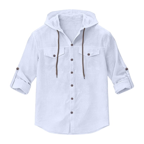 JAJAHO Mens Hooded T Shirt Long Sleeve Lightweight Linen Solid Color Pocket Beach Shirts Casual Drawstring Loose Fit Stylish Tops
