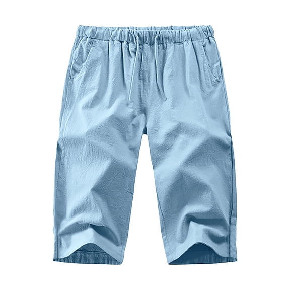 JAJAHO Mens Joggers Capri Pants Linen Baggy Drawstring Yoga Beach Pants Soft Elastic Waist Solid Color Summer Comfortable Trousers