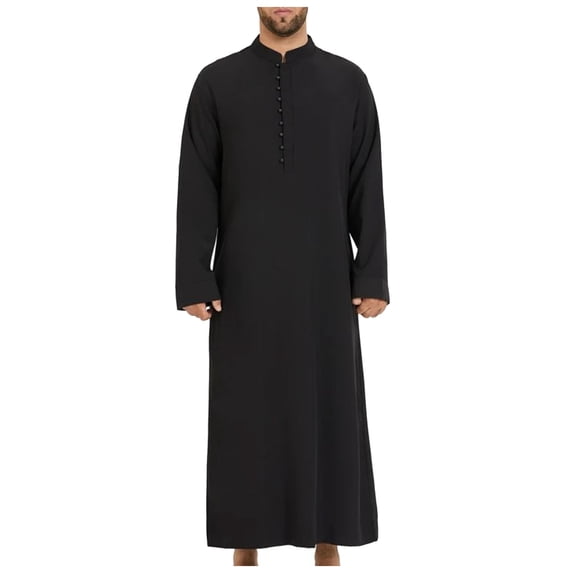 JAJAHO Mens Kaftan Abaya Long Robe Arab Loose Fit Stand Collar Long Sleeve Solid Color Ankle Length Button Up Thobe