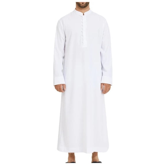 JAJAHO Mens Kaftan Abaya Long Robe Arab Loose Fit Stand Collar Long Sleeve Solid Color Ankle Length Button Up Thobe