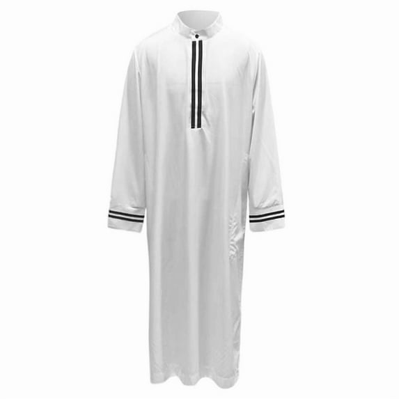 JAJAHO Mens Kaftan Abaya Long Robe Striped Arab Thobe Button Stand Collar Long Sleeve Loose Fit Ankle Length Robe
