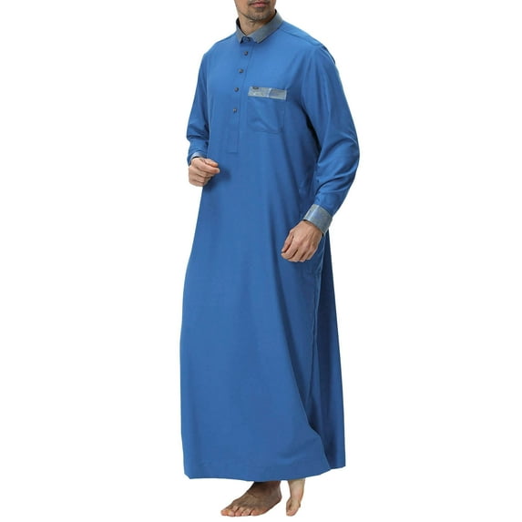 JAJAHO Mens Kaftan Abaya Thobe Long Sleeve Button Down Collared Pocket Ankle Length Robe Arab Traditional Clothes