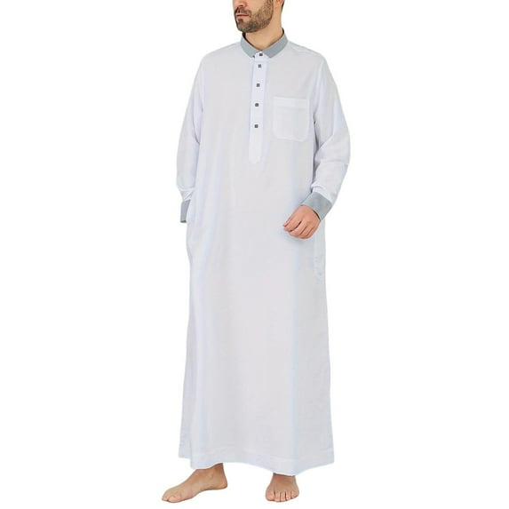 JAJAHO Mens Kaftan Abaya Thobe Long Sleeve Button Down Collared Pocket Ankle Length Robe Arab Traditional Clothes