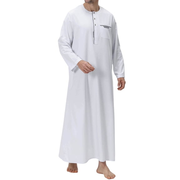 JAJAHO Mens Kaftan Abaya Thobe Traditional Clothes Long Sleeve Long Robe Loose Fit Button Up Crewneck Arab Thobe With Pocket