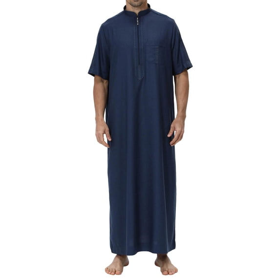 JAJAHO Mens Kaftan Abaya Thobe Traditional Clothes Short Sleeve Quarter Zip Stand Collar Long Robe Loose Fit Arab Thobe With Pocket