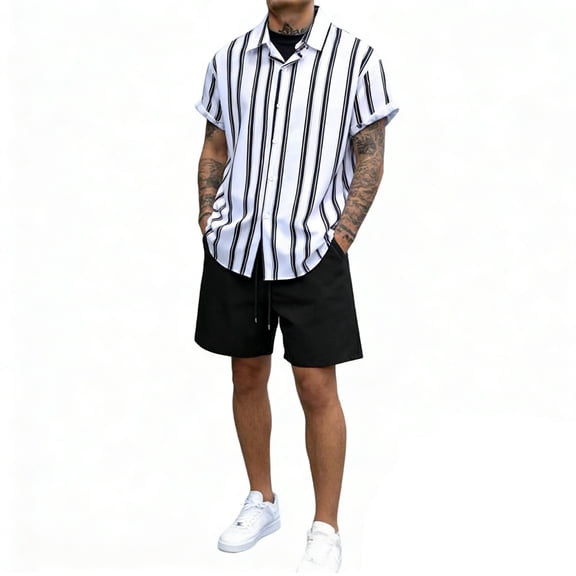 JAJAHO Mens Lightweight Short Sleeve Shirt Summer Casual 2 Piece Outfits Striped Button Up Lapel Shirts With Shorts Comfortable Trendy Outfit