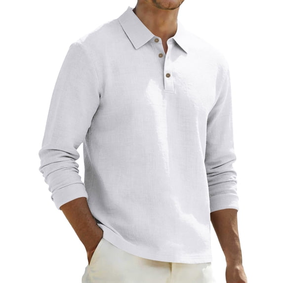 JAJAHO Mens Linen Long Sleeve Polo Shirt Classic Button Down Collar Casual Business Relaxed Fit Breathable Summer Lightweight Top Cozy Tops