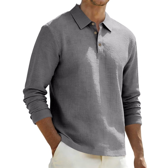JAJAHO Mens Linen Long Sleeve Polo Shirt Classic Button Down Collar Casual Business Relaxed Fit Breathable Summer Lightweight Top Trendy Tops