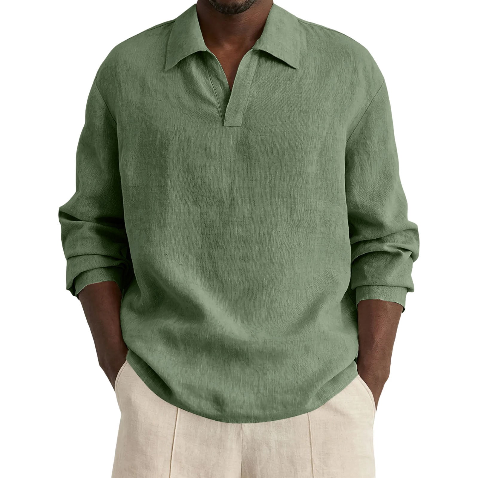 JAJAHO Mens Linen Long Sleeve Polo Shirt Solid Color Loose Fit Collar ...