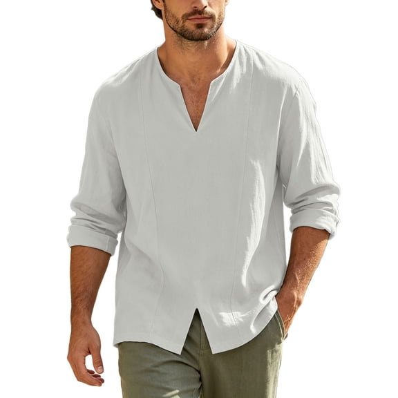 JAJAHO Mens Linen Long Sleeve T Shirt V Neck Patchwork Solid Color Basic Tees Spring Summer Casual Undershirts Versatile Tops