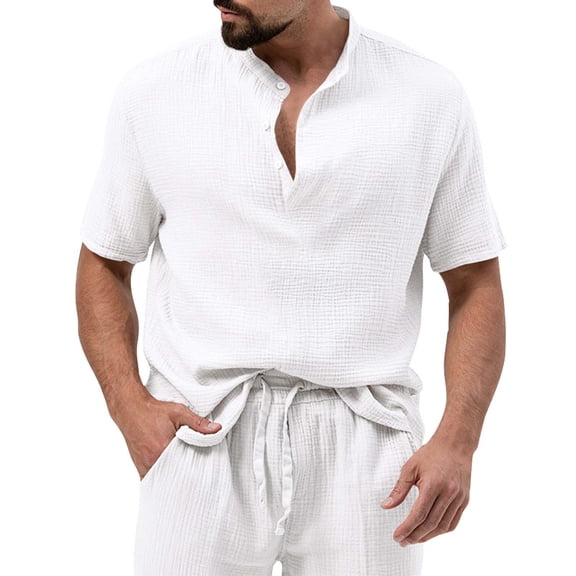 JAJAHO Mens Linen Shirts Short Sleeve T Shirt Summer Beach Vacation Clothes Lightweight Casual Henley Solid Color Basic Tee Trendy Tops