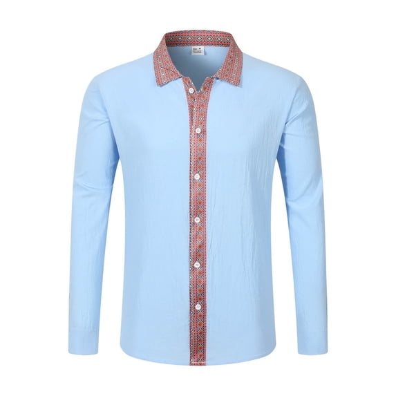 JAJAHO Mens Long Sleeve Button Up Shirts Ethnic Style Patchwork Casual Regular Fit Lapel Retro Fall Spring Shirt Cozy Tops