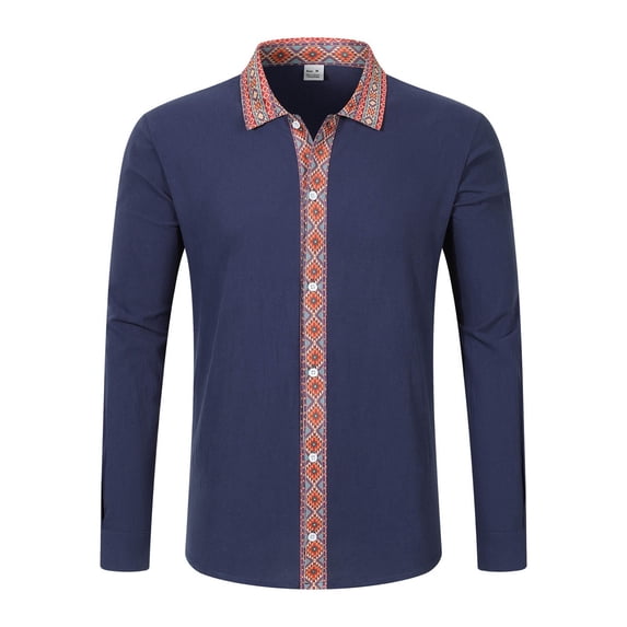 JAJAHO Mens Long Sleeve Button Up Shirts Ethnic Style Patchwork Casual Regular Fit Lapel Retro Fall Spring Shirt Trendy Tops