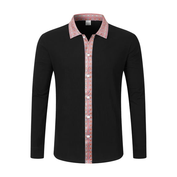 JAJAHO Mens Long Sleeve Button Up Shirts Ethnic Style Patchwork Casual Regular Fit Lapel Retro Fall Spring Shirt Trendy Tops