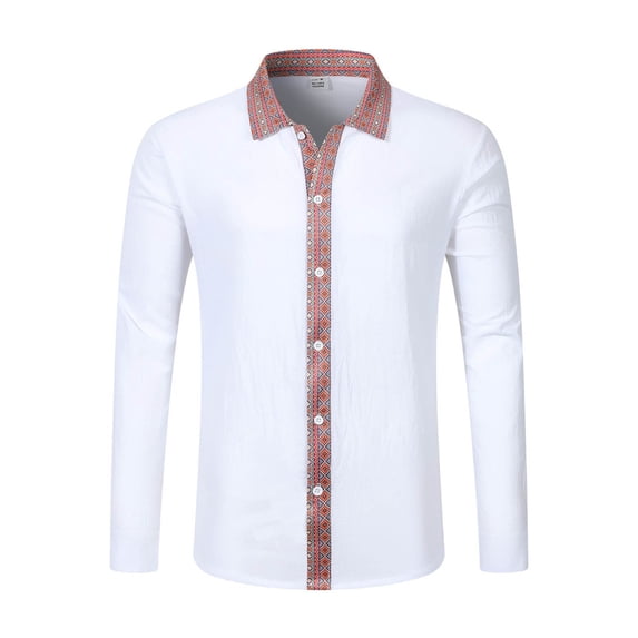 JAJAHO Mens Long Sleeve Button Up Shirts Ethnic Style Patchwork Casual Regular Fit Lapel Retro Fall Spring Shirt Trendy Tops