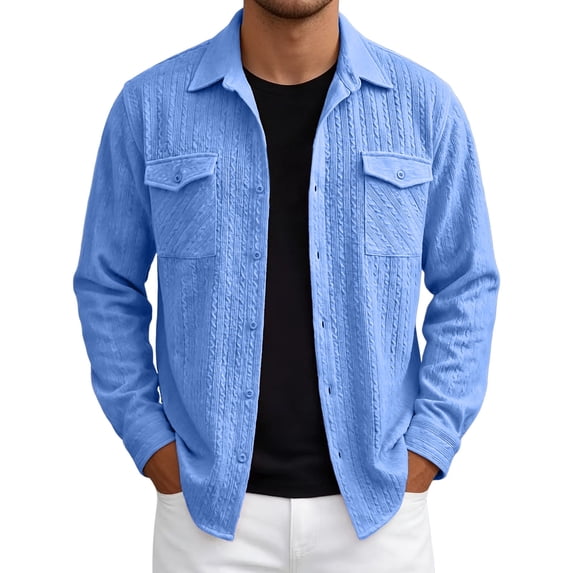 JAJAHO Mens Long Sleeve Button Up Shirts Jacquard Casual Pocket Comfortable Collared Solid Color Business Work Shirt Versatile Tops