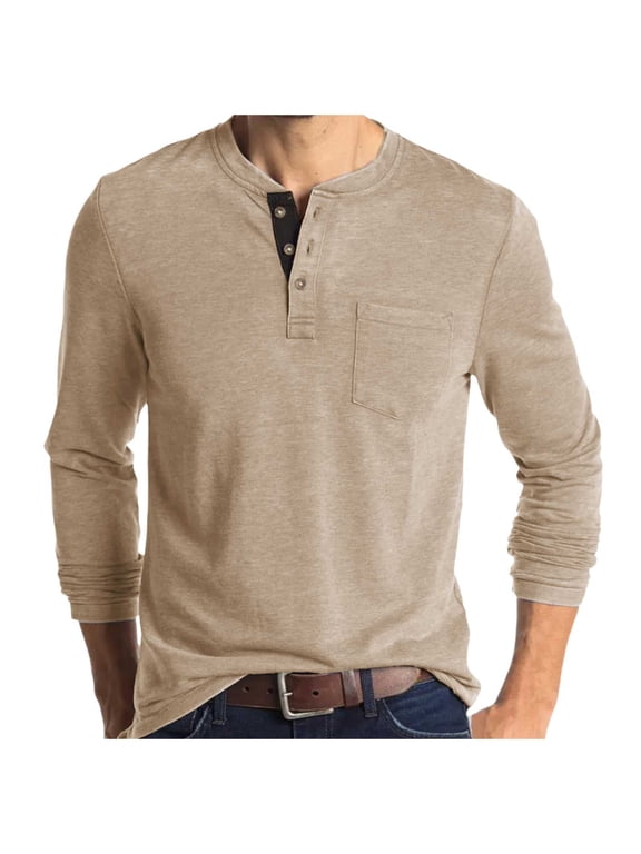 Mens Long Sleeve Henley Shirts Spring Solid Color Basic Top For Men Pocket Tee Base Layer T Shirt Comfortable Tops