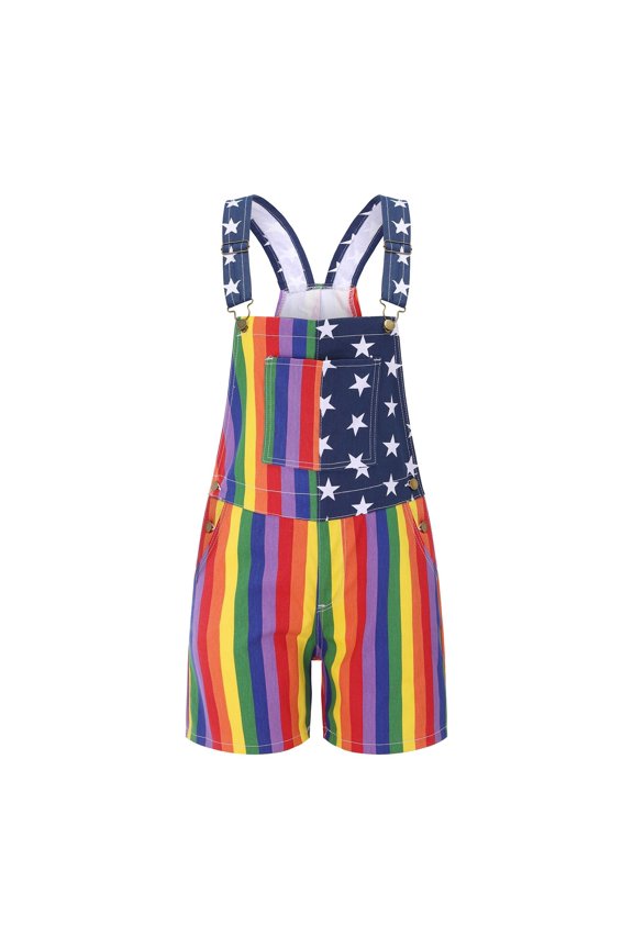 Mens Overalls Shorts Summer Independence Day Star Rainbow Striped Printed Adjustable Straps Rompers 4Th Of July Bib Shorts
