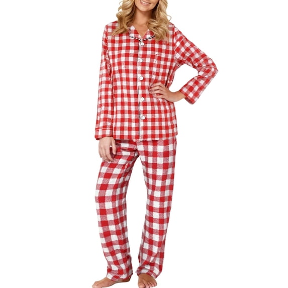 JAJAHO Mens Pajamas Set Matching Sleepwear Cozy Plaid Long Sleeve Button Up Lapel Shirt Loose Fit Pants Nightwear 2 Piece Outfits Comfortable Home Clothes