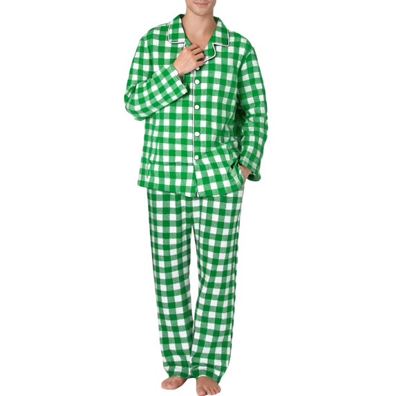 JAJAHO Mens Pajamas Set Matching Sleepwear Cozy Plaid Long Sleeve Button Up Lapel Shirt Loose Fit Pants Nightwear 2 Piece Outfits Trendy Home Clothes