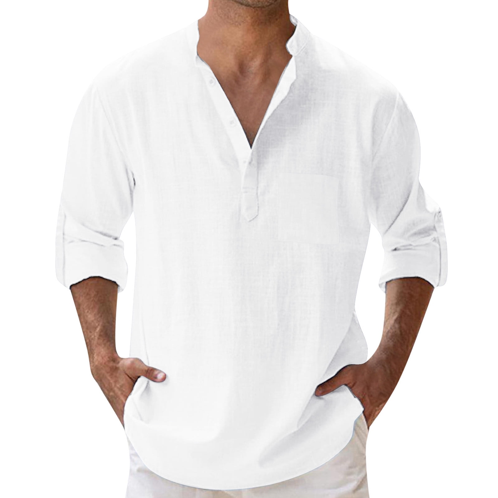 JAJAHO Mens Pocket T Shirts Henley Long Sleeve Summer Linen Loose Fit ...