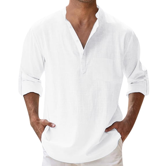 JAJAHO Mens Pocket T Shirts Henley Long Sleeve Summer Linen Loose Fit Solid Color Basic Tees Beach Clothes Classic Tops