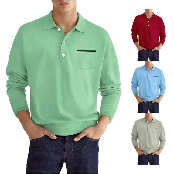 JAJAHO Mens Polo Shirts Long Sleeve Solid Color Relaxed Fit Turndown Collar Spring Fall Basic Top Business Wear