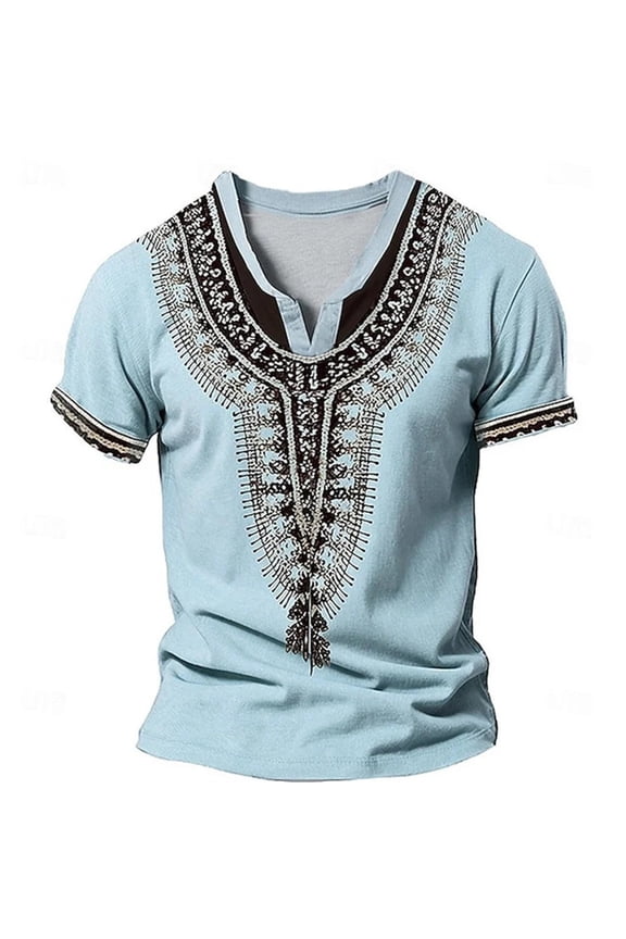 Mens Retro Graphic Tee Ethnic Style Printed Short Sleeve Casual Notch V Neck T Shirt Summer Boho Beach Vacation Clothes Soft Tops