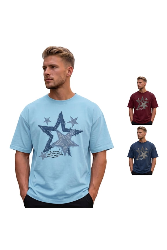 Mens Retro Graphic Tees Casual Star Printed Summer Crew Neck Short Sleeve T Shirt Streetwear Versatile Tops