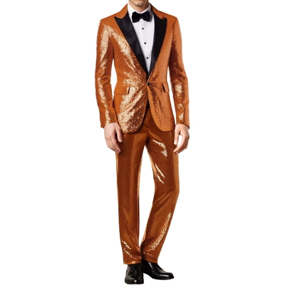 JAJAHO Mens Sequins Suit Set Two Piece Formal Wear Sparkly Glitter Long Sleeve Button Up Slim Fit Suit Jacket Straight Leg Trousers Carnival Performance Versatile Outfit