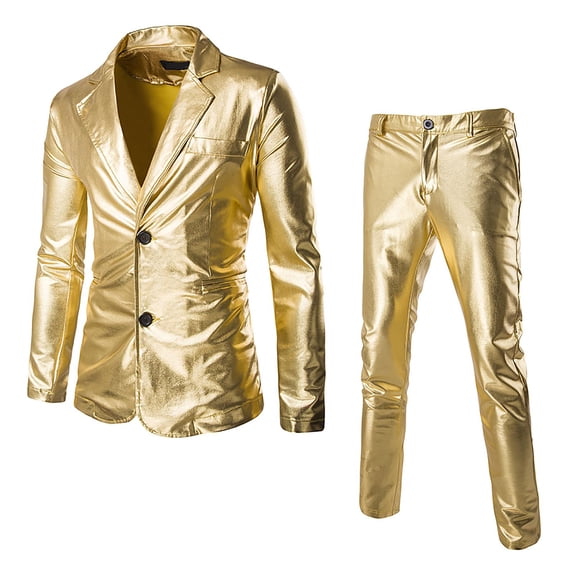 JAJAHO Mens Shiny Suit Set Metallic Two Piece Slim Fit Button Up Long Sleeve Suit Jacket And Pants Formal Performance Wear Cozy Outfit
