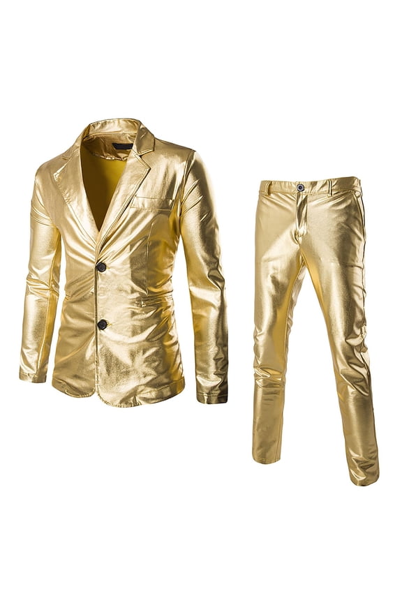 Mens Shiny Suit Set Metallic Two Piece Slim Fit Button Up Long Sleeve Suit Jacket And Pants Formal Performance Wear Cozy Outfit