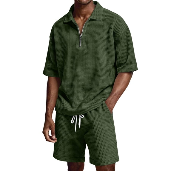 JAJAHO Mens Short Set Summer 2 Piece Outfits Waffle Short Sleeve Quarter Zip Collared Loose Fit T Shirt Comfortable Drawstring Shorts Jogging Suit Cozy Outfit