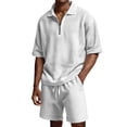 thumbnail image 1 of JAJAHO Mens Short Set Summer 2 Piece Outfits Waffle Short Sleeve Quarter Zip Collared Loose Fit T Shirt Comfortable Drawstring Shorts Jogging Suit Stylish Outfit, 1 of 9