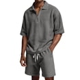 thumbnail image 1 of JAJAHO Mens Short Set Summer 2 Piece Outfits Waffle Short Sleeve Quarter Zip Collared Loose Fit T Shirt Comfortable Drawstring Shorts Jogging Suit Stylish Outfit, 1 of 9