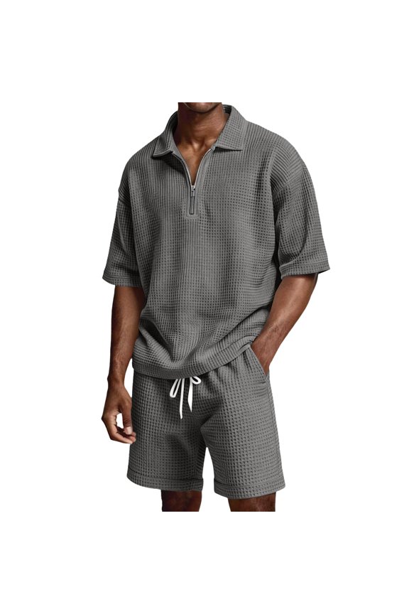 Mens Short Set Summer 2 Piece Outfits Waffle Short Sleeve Quarter Zip Collared Loose Fit T Shirt Comfortable Drawstring Shorts Jogging Suit Stylish Outfit