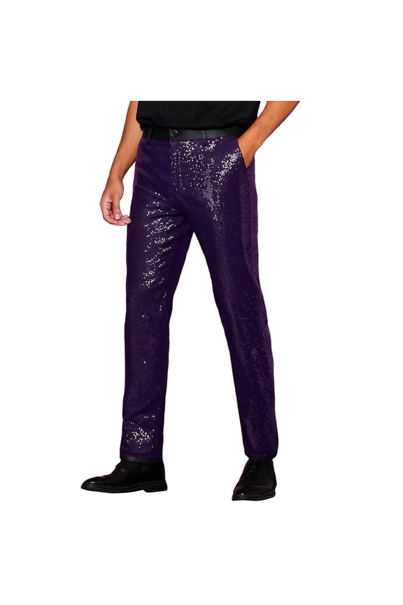 Mens Slim Fit Dress Pants Sparkly Sequins Formal Evening Party Suit Pants Comfortable Stretch Flat Front Carnival Versatile Trousers