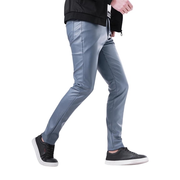 JAJAHO Mens Slim Fit Leather Pants Leggings Solid Color High Stretchy Motorcycle Metallic Fitness Pants With Pockets Flat Front Versatile Trousers