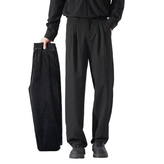 JAJAHO Mens Suit Pants Winter Warm Fuzzy Lining Straight Leg Relaxed Fit Pleated Dress Pants Cozy Trousers