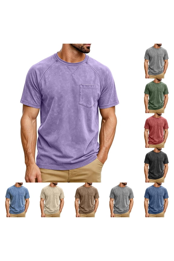 Mens T Shirt Distressed Washed Casual Pocket Tee Summer Raglan Short Sleeve Solid Color Vintage Tshirts Comfy Tops