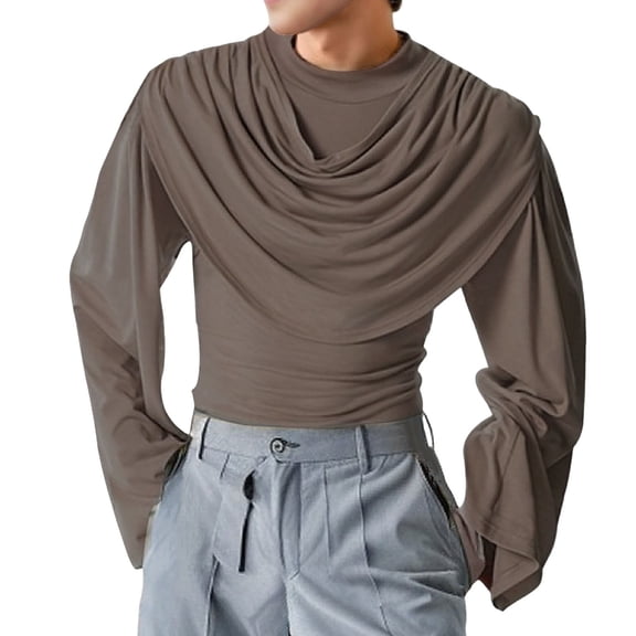 JAJAHO Mens T Shirts Flared Long Sleeve Cowl Neck Soft Stretch Slim Fit Solid Color Basic Tees Fall Fashion Casual Shirt Versatile Tops