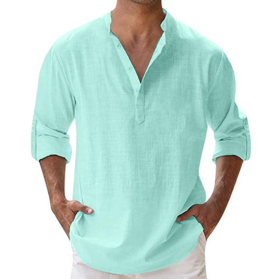 JAJAHO Mens T Shirts Henley Long Sleeve Summer Linen Loose Fit Solid Color Basic Tees Beach Clothes Classic Tops
