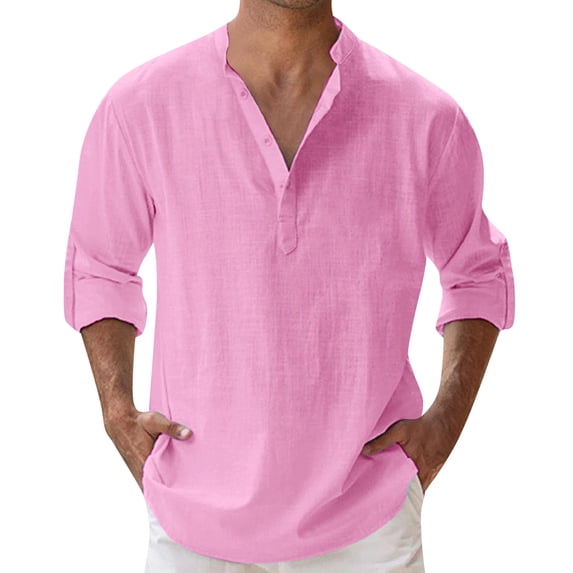 JAJAHO Mens T Shirts Henley Long Sleeve Summer Linen Loose Fit Solid Color Basic Tees Beach Clothes Cozy Tops